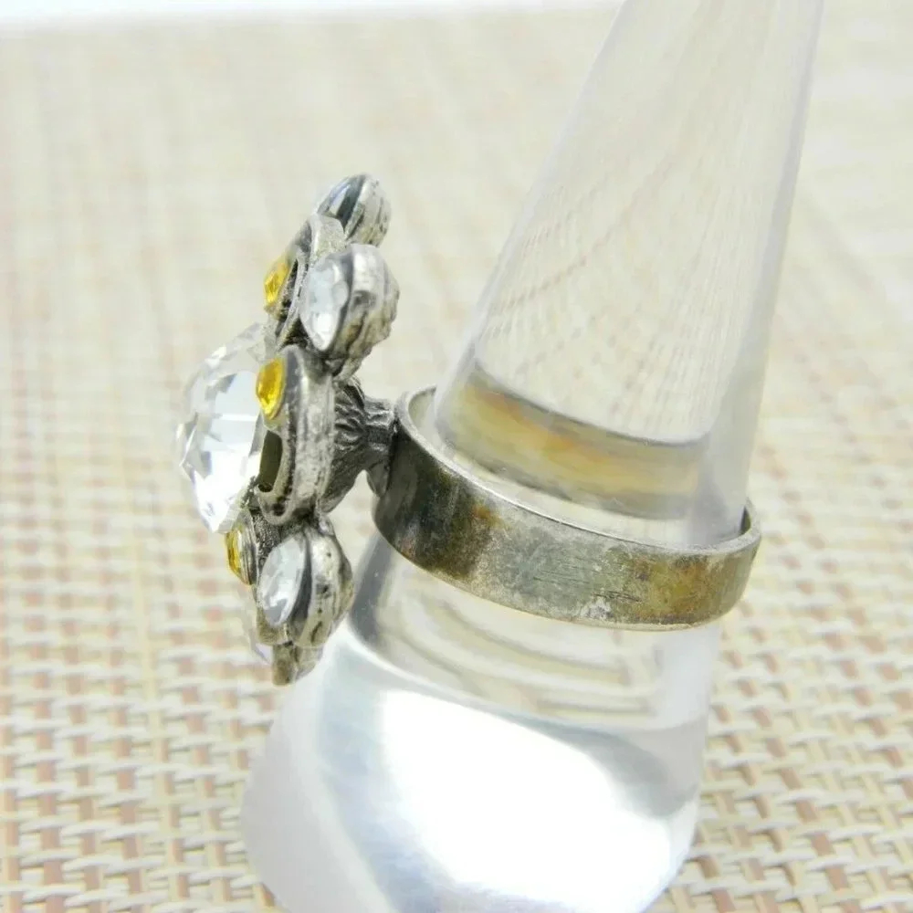 Topaz Clear Rhinestone Silver Tone Flower Cocktail